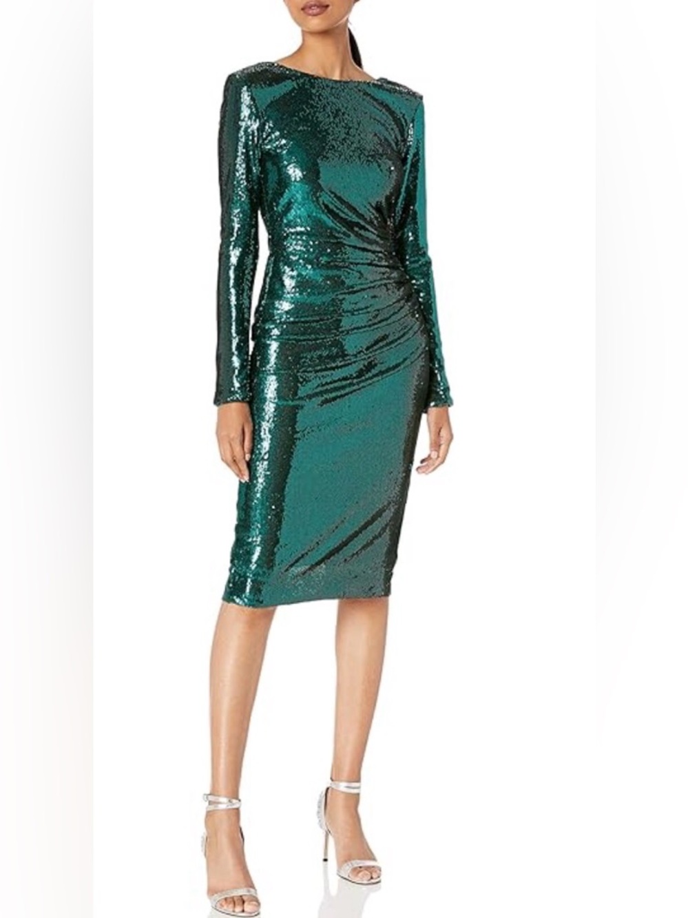 DRESS THE POPULATION Size M Deep Emerald EMILIA Dress LONG SLEEVE KNEE LENGTH